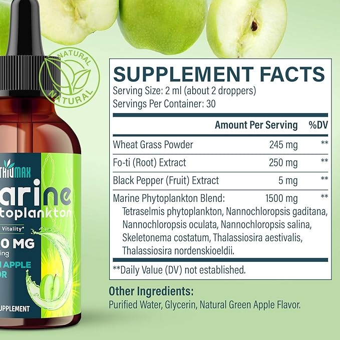 Marine Phytoplankton Drops 2000mg - High Absorption Phytoplankton Supplement with Wheatgrass & Fo-ti for Cellular Wellness, Hair Growth, Energy & Immunity | Green Apple Flavor, 60ml (Pack of 1)