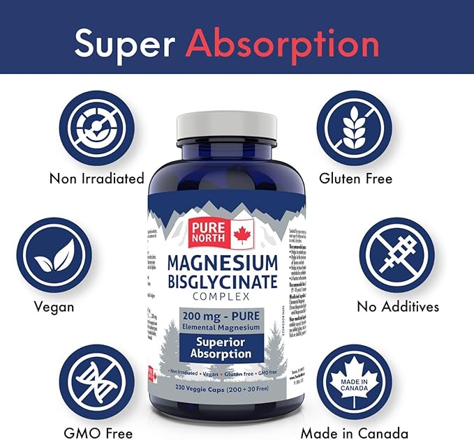 Magnesium Bisglycinate Complex 200mg, (200+30) V-Caps - Helps in The Development and Maintenance of Bones and Teeth - Helps The Body to Metabolize Carbohydrates, Proteins & Fats