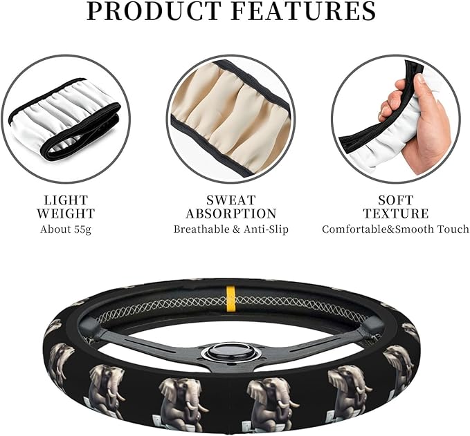 Funny Elephant Steering Wheel Cover Men, Comfortable Elastic Steering Car Wheel Cover Fit 15 inches Universal Accessories Suvs Trucks Decor