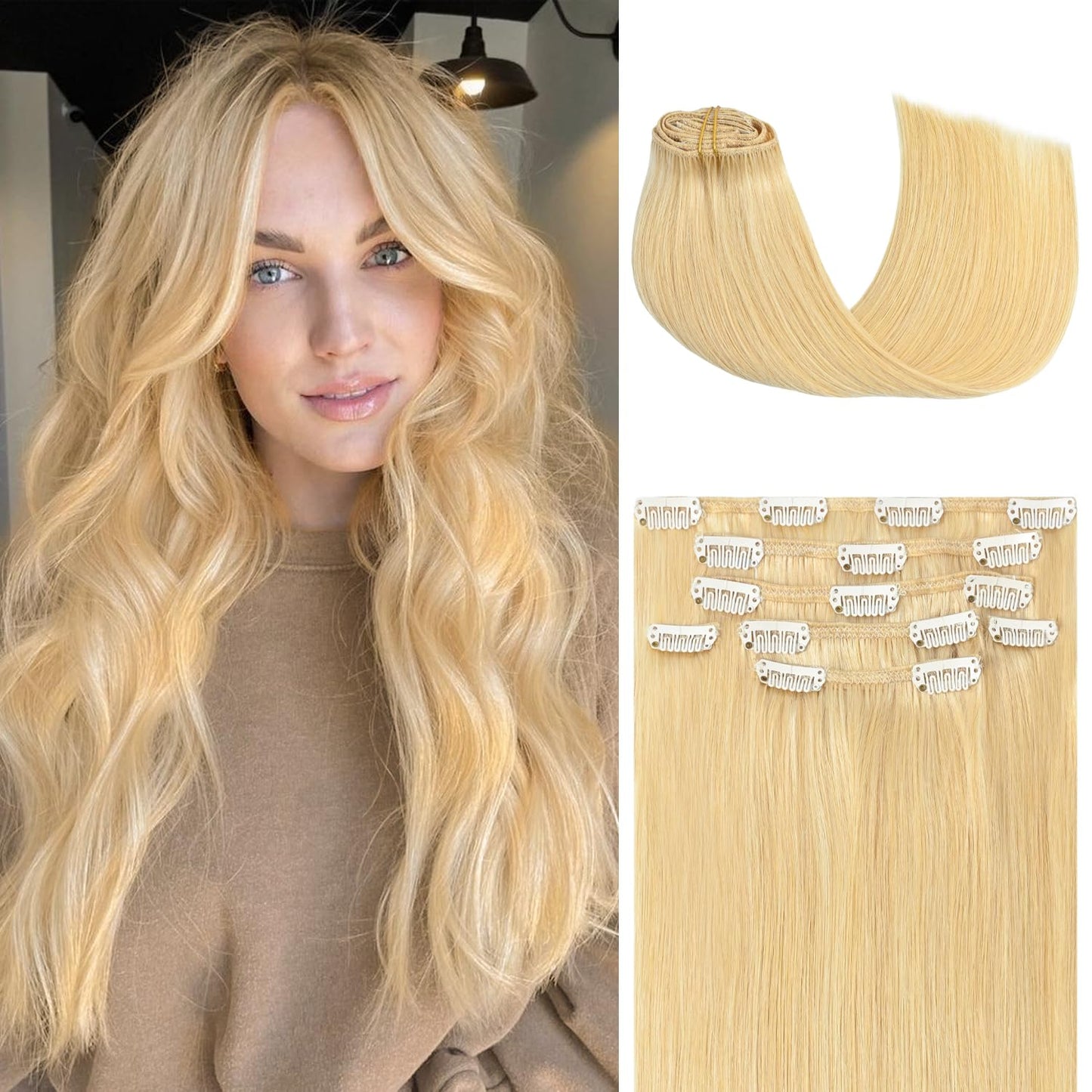 Honsoo Clip In Hair Extensions Real Human Hair, Bleach Blonde 18Inch 70G 7Pcs Straight Silky Blonde Hair Extensions Real Human H