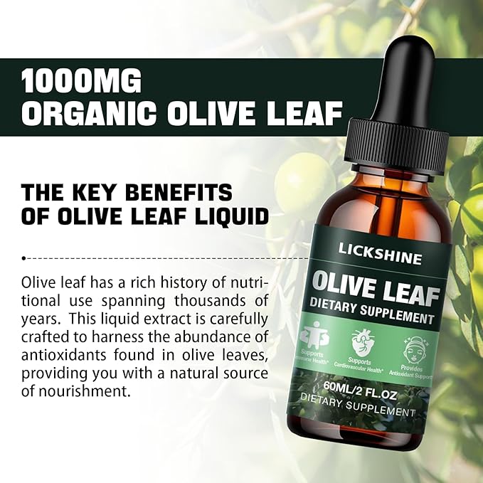1 Pack 1000MG Olive Leaf Liquid Extract - Organic Olive Leaf Drops Supplement Tincture for Better Absorption - Immune & Heart Support Gluten-Free, Non-GMO, Vegan, 2 Fl Oz