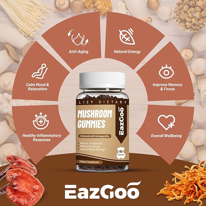 Mushroom Gummies Supplement - with Ashwagandha, Lions Mane, Shitake Mushrooms, Turkey Tail, Chaga, and Cordyceps Mushroom for Immune Health, Mood & Stress Support (90 Gummies)