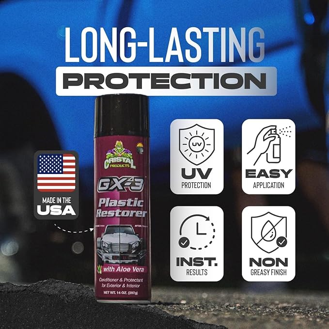 GX-3 Plastic Restorer – Black Plastic Restorer for Cars & Automotive Trim Restorer – Interior Car Cleaner & Exterior Faded Plastic, Vinyl & Rubber Renewer with Aloe Vera (8 fl oz)