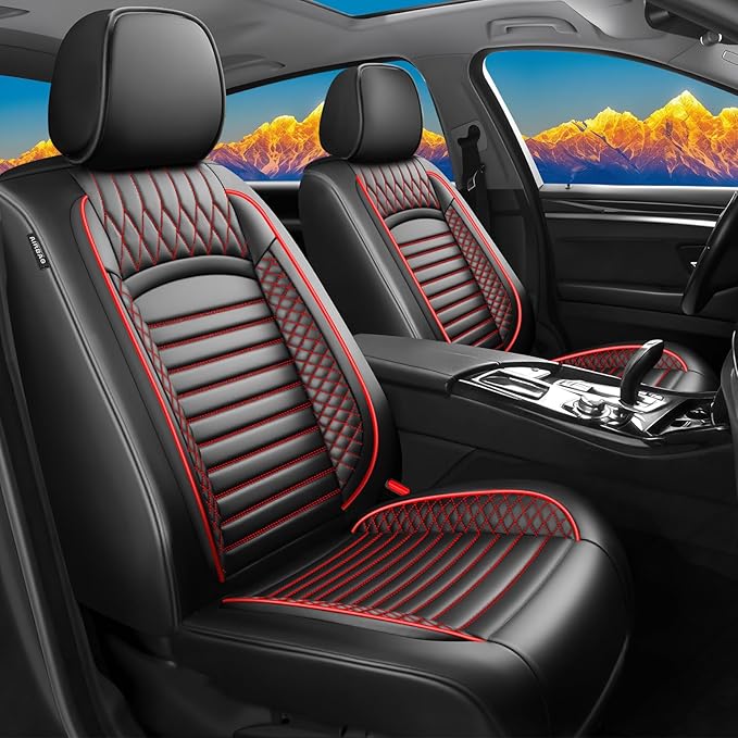 Fit Forester Car Seat Covers for Subaru Forester 2007-2025 2026 - Upgraded Premium Waterproof & Breathable Leather, Airbag Compatible, All-Weather Seat Cushion Protector (Full Set, Black+Red)