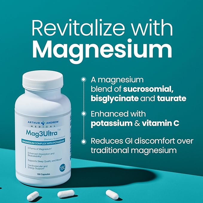 Arthur Andrew Medical, Mag3Ultra Triple Magnesium Supplement, Sucrosomial, Bisglycinate, Taurate for Muscle, Stress, Mood, Nerve, Bone & Heart Support, 90 Capsules