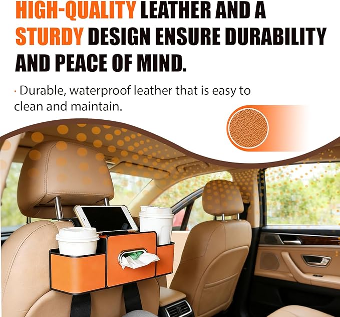 Car Backseat Organizer Multifunction Storage Box Vehicle Seat Accessories Cup Tissue Trash Hooks Phone Snack Drink Handbag Leather Interior Utility Portable Durable Easy Installation Secure(Orange)