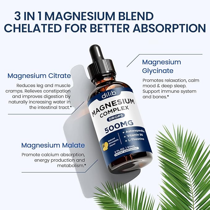 Triple Magnesium Complex Supplement-Magnesium Glycinate, Citrate, Malate Liquid Drops 500mg with Ashwagandha, L-Theanine, Vitamin B6 for Calm, Stress Relief, Sleep, Muscle Support-Pineapple Flavor