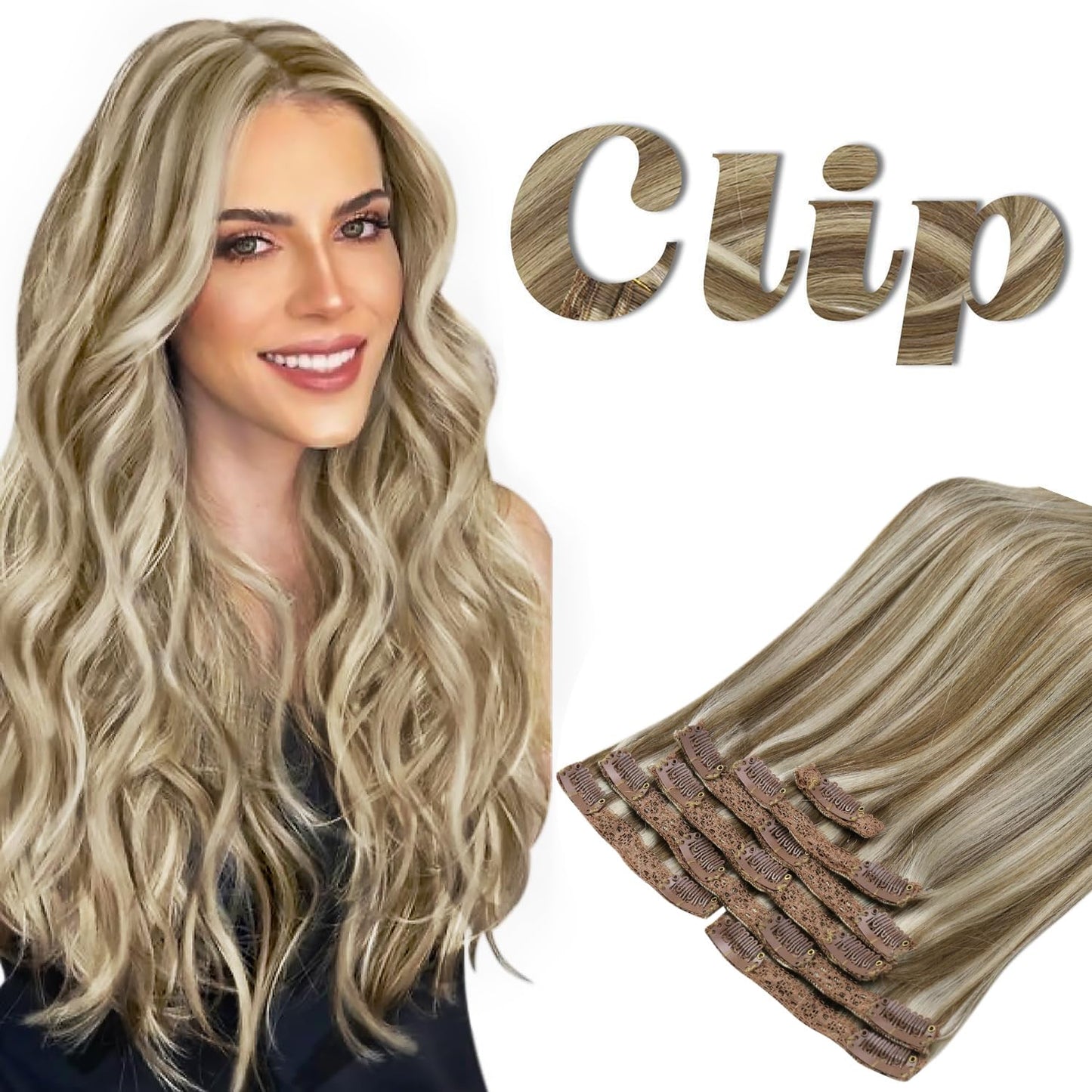 Sunny Brown Clip in Hair Extensions Human Hair Light Brown Highlights Platinum Blonde Real Hair Extensions Clip in Human Hair Hi