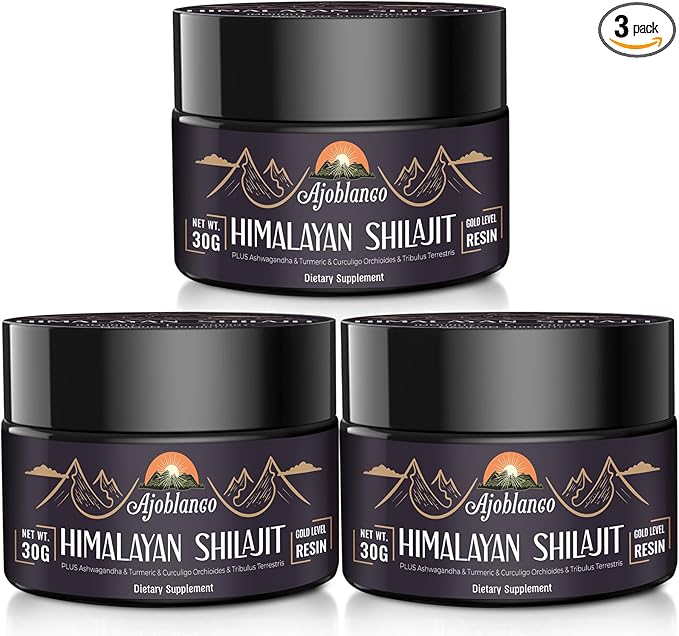 Ajoblanco 600mg Shilajit Pure Himalayan Organic Shilajit Resin - Himalayan Shilajit Resin with Organic Ayurvedic Blend in High Potency for Energy, Strength & Immunity, Pack of 3
