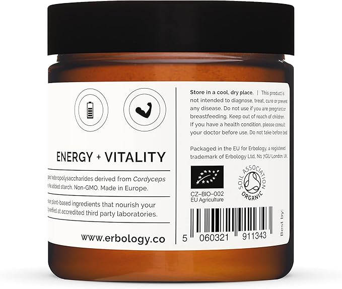 Erbology Organic Cordyceps Mushroom Powder 50 Servings - 48% Beta-glucans - Energy and Performance - Cordyceps Sinensis - Small Batch - Sustainably Grown in Europe - Vegan - Non-GMO - No Added Fillers