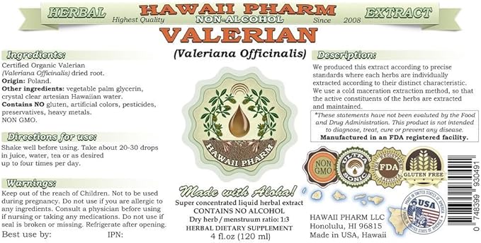 Valerian Alcohol-Free Liquid Extract, Organic Valerian (Valeriana Officinalis) Dried Root Glycerite Natural Herbal Supplement, Hawaii Pharm, USA 2 fl.oz