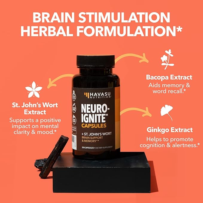 NeuroIGNITE Brain Supplement for Cognition - 60 Count - Cognitive Support with St. John's Wort, Ginkgo Biloba, Bacopa, Phosphatidylserine and Nootropics - Non-GMO Capsules, 2-Month Supply