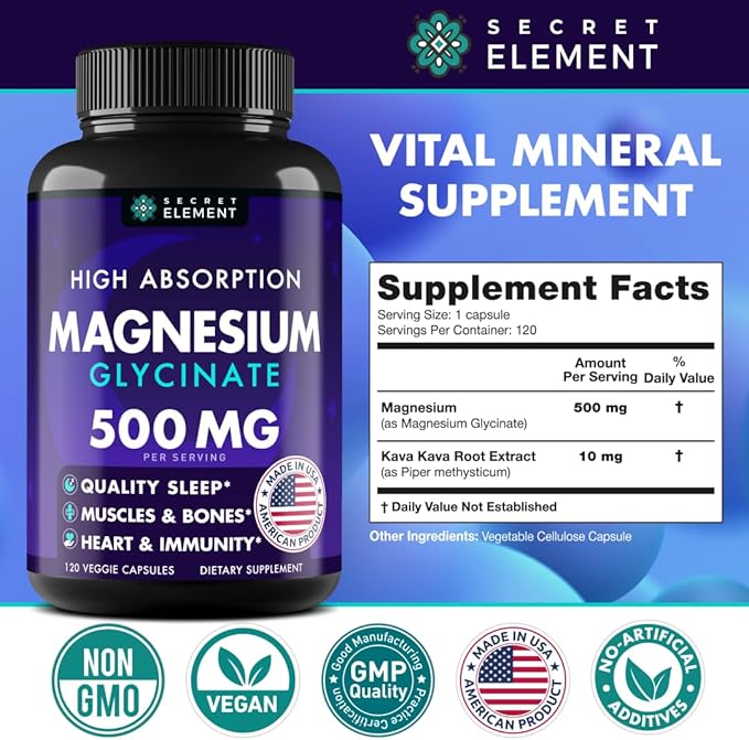 Magnesium Glycinate 500MG Capsules, Magnesium Supplement for Adults & Kids with Kava Kava, High Absorption, Vegan & Non-GMO, 120 Capsules, Pack of 2