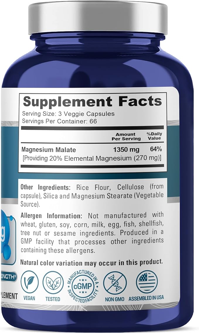NusaPure Magnesium Malate 1350mg 200 Veggie Capsules (Vegan, Non-GMO, Vegan)