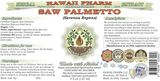 Saw Palmetto Alcohol-Free Liquid Extract, Organic Saw Palmetto (Serenoa Repens) Dried Berry Glycerite Natural Herbal Supplement, Hawaii Pharm, USA 15x4 fl.oz