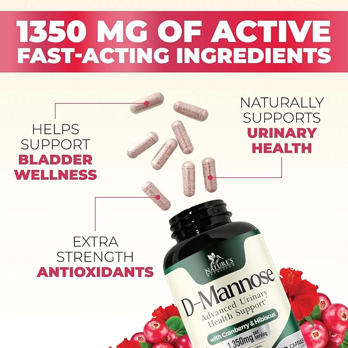 DMannose Pills with Cranberry 1350mg Advanced Formula - Effective Natural Bladder, Urinary Tract Health Support, Flush Impurities - D Mannose Supplements for Women & Men, Non-GMO, Vegan - 120 Capsules