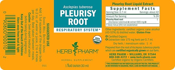 Herb Pharm Certified Organic Pleurisy Root Liquid Extract for Respiratory System Support 1 Fl Oz (Pack of 2)