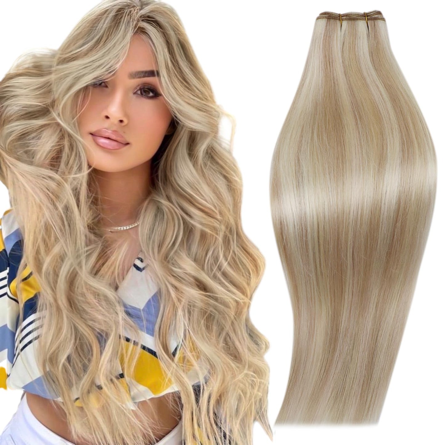 Runature Weft Hair Exensions Human Hair 22 Inch Ash Blonde Highlight Paltinum Blonde Long Human Hair Double Weft Extensions Stra