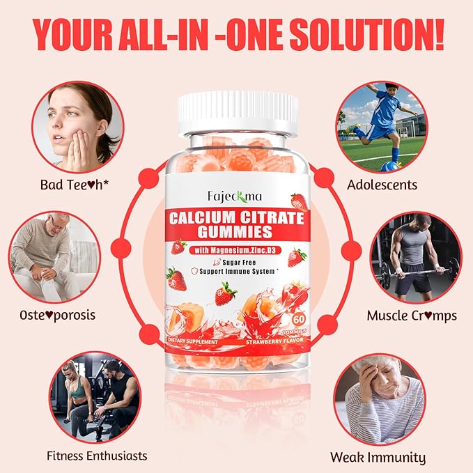 Calcium Citrate Gummies for Women Men: 1200 Calcium Magnesium Zinc with Vitamin D3 B6 Supplement for Adult - Vegan High Absorption Chewable Gummy Sugar Free(60Count)