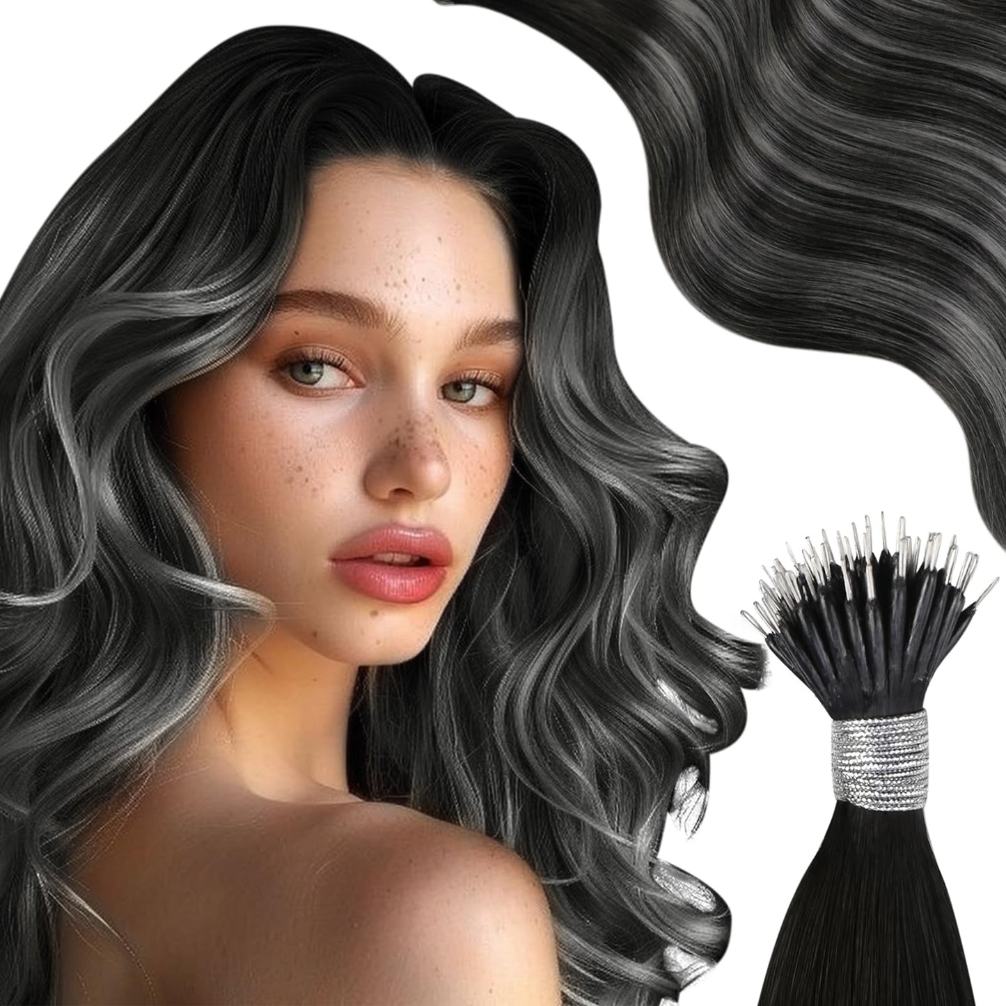 Moresoo Black Nano Bead Hair Extensions Human Hair Ombre Black To Silver Nano Hair Extensions Human Hair Grey Nano Ring Hair Ext