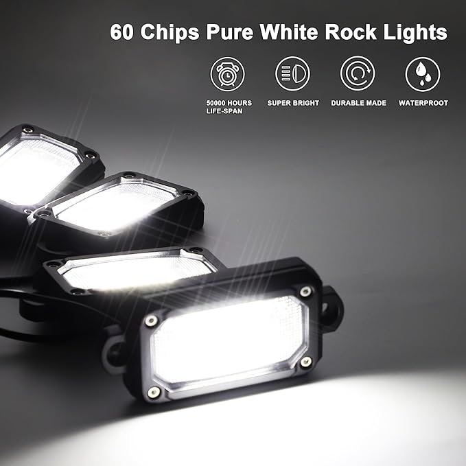 Rock Lights for Trucks 60 Chip 6500K 4pcs Pure White Underglow Lights for Jeep UTV ATV SUV Cars with 15FT Wire Harness, Aluminum Housing