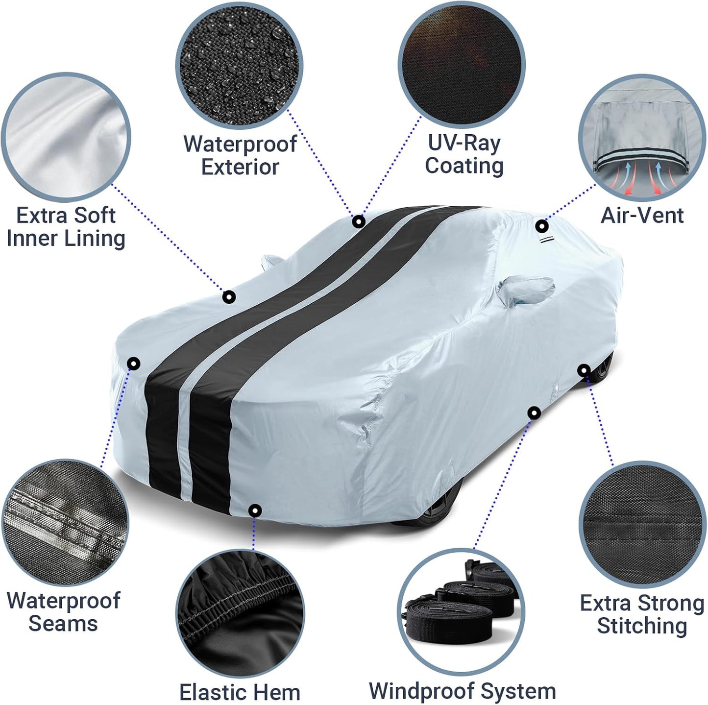 iCarCover Custom Car Cover for Chevy Camaro ZL1 (2017-2024) Waterproof All Weather Rain Snow UV Sun Protector Full Exterior Indoor Outdoor Car Cover (Stripe - Gray/Black)