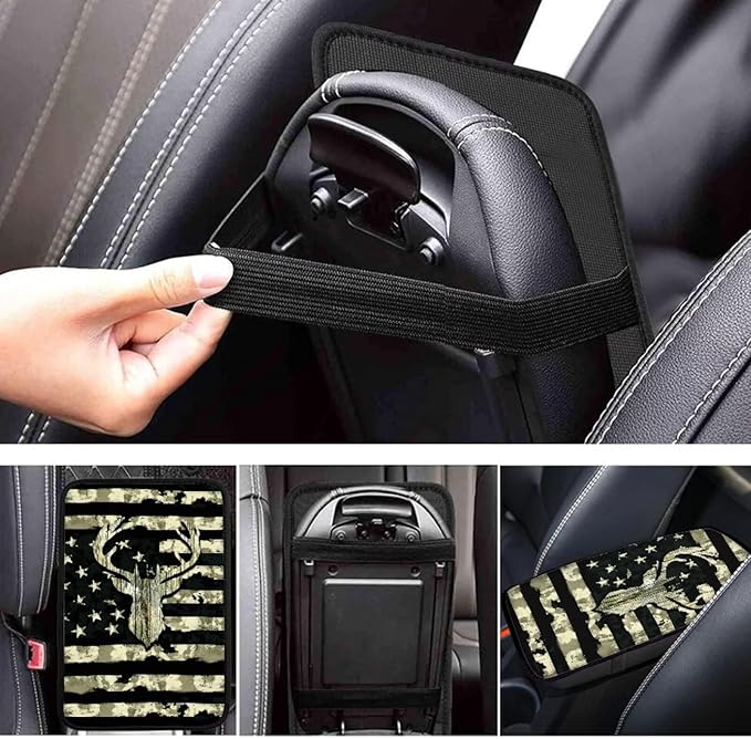 Green Camo Hunting Deer Flag Print Center Console Cover for Men Car Armrest Cover Pad for SUV Sedan Truck,Easy to Install