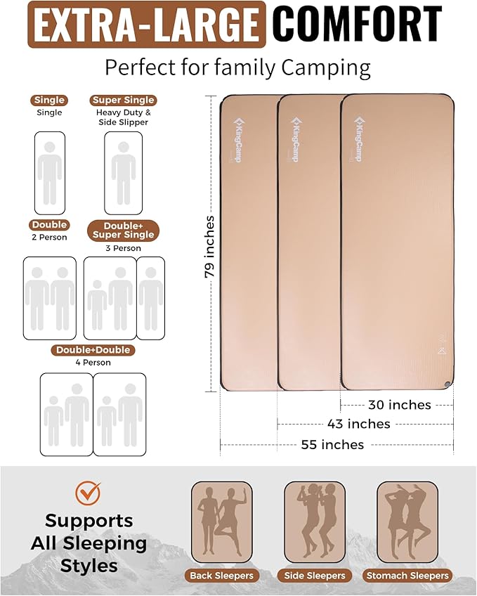 KingCamp FLEXIREST 5.0 Twin Air Mattress Camping, No Sag High-Support PVC-Free Inflatable Sleeping Pad with 1100lbs Capacity & Pump Sack, Compact Camping Bed for Outdoor Tent Car Travel Glamping