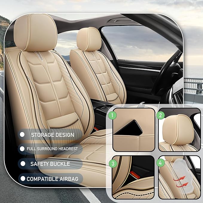 Leather Car Seat Covers Fit for Toyota Yaris iA 2017-2018, 5 Seater Car Seat Cover, Premium Waterproof, Scratch Resistant Car Interior Accessories (Full Set Beige)