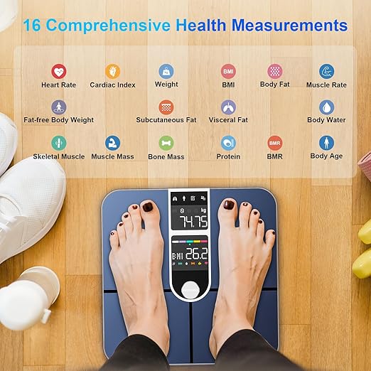Body Fat Scale with Dual VA Displays and ITO Technology, 16 Body Datas with Heart Rate, Smart Weight Scale Compatible with iOS & Android, Max 400lb/180kg, Sliver