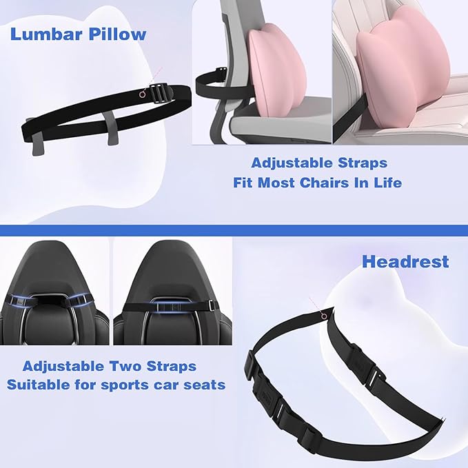 Lumbar Support Pillow for Car/Office Chair, Memory Foam Back Cushion for Car Seat, Lower Back Pillow Fits Most Cars, Trucks, with Adjustable Strap and Washable Cover, Back Pain Relief,Blue