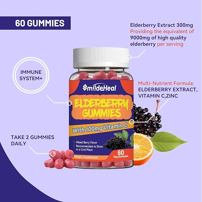 Elderberry Gummies, Elderberry Extract 300mg, with Vitamin C and Zinc, Strawberry Flavor Gummies, Non-GMOs, Gluten Free, Vegan-Friendly, Immune Support, 60 Count
