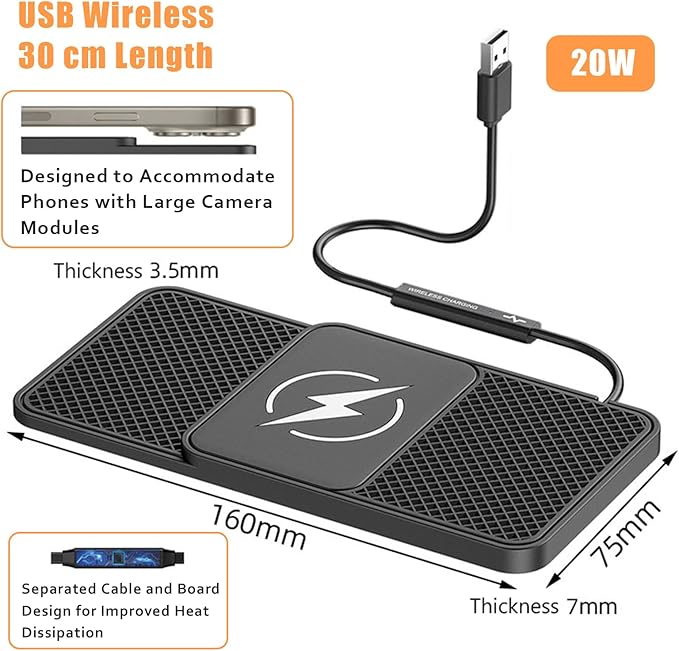 Wireless Car Phone Charger for Lexus GX460 (2010–2023), Type C/USB 20W Fast Charging Pad, Non-Slip Charging Station for Travel Home Office Desk, Lightweight, USB