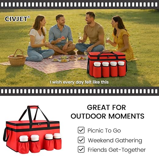 CIVJET Insulated Food Delivery Bag with 4 Cup Holders, XXX-Large Insulated Grocery Bags Keep Food Hot/Cold, Cooler Bags with Drink Carrier, Food Carrier Catering Bag, Commercial Food Warmers, Red