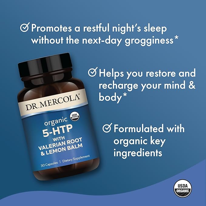 Dr. Mercola Organic 5-HTP with Valerian Root and Lemon Balm, 30 Servings (30 Capsules), Dietary Supplement, Suports Restful Sleep, Non-GMO, Certified USDA Organic