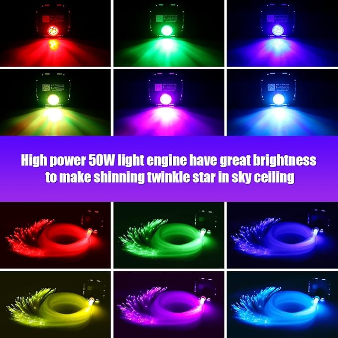 AZIMOM High Brightness 50W Twinkle Fiber Optic Starlight Kits for Theater Ceiling Headliner1000pcs 0.03in 16.5ft Fiber Strands Sound Activated Bluetooth/APP Remote Control Home Shop Lobby Roof Decor