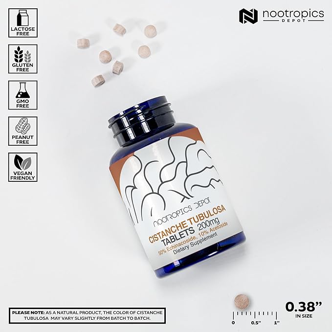 Nootropics Depot Cistanche tubulosa Tablets | 200mg | 60 Count | Minimum 50% Echinacoside + 10% Acetoside (Verbascoside) | Promotes Physical Strength and Energy | Promotes Vitality