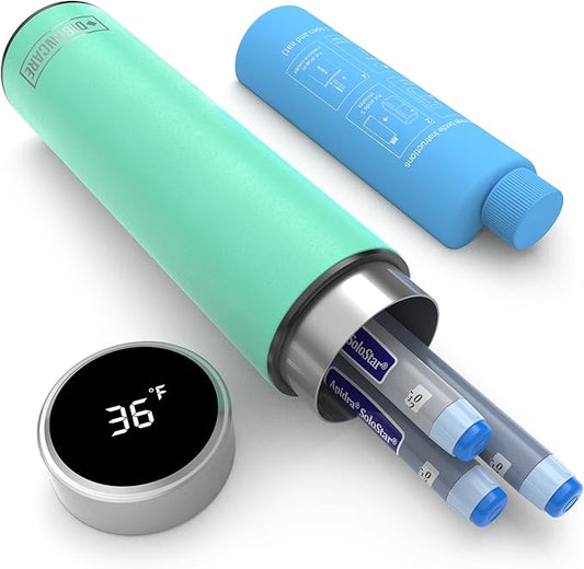 DISONCARE Odyssey 60H Insulin Cooler Travel case Digital Display Medication Cooler for Medicine Travel TSA Approved Ice Pack Diabetic Medical Cooler Diabetes Bag EpiPen with Medical Tag(Seawater Cyan）