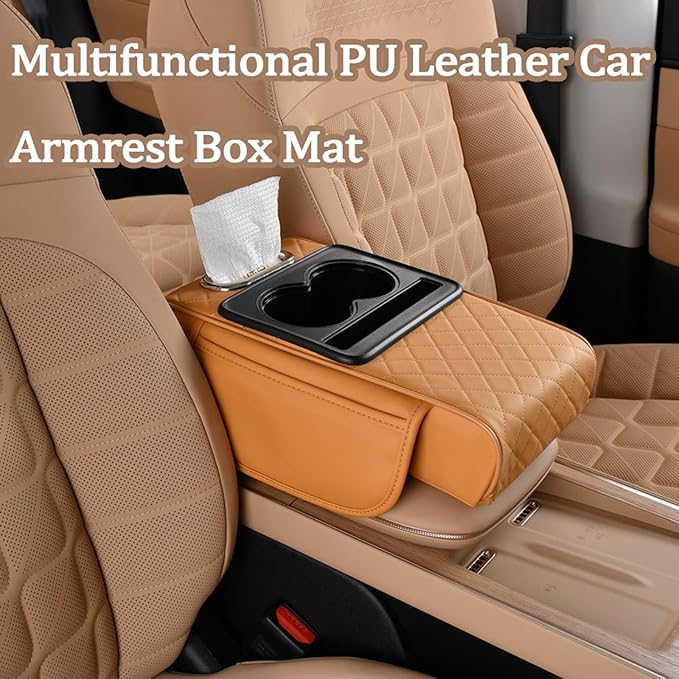 Multifunctional Pu Leather Car Armrest Box Mat, 5-In-1Multifunctional Car Armrest Cushion, Car Arm Rest Cover Pad, Center Console Organizer with Cup Holder, Tissue Box & Phone Slot (Orange)