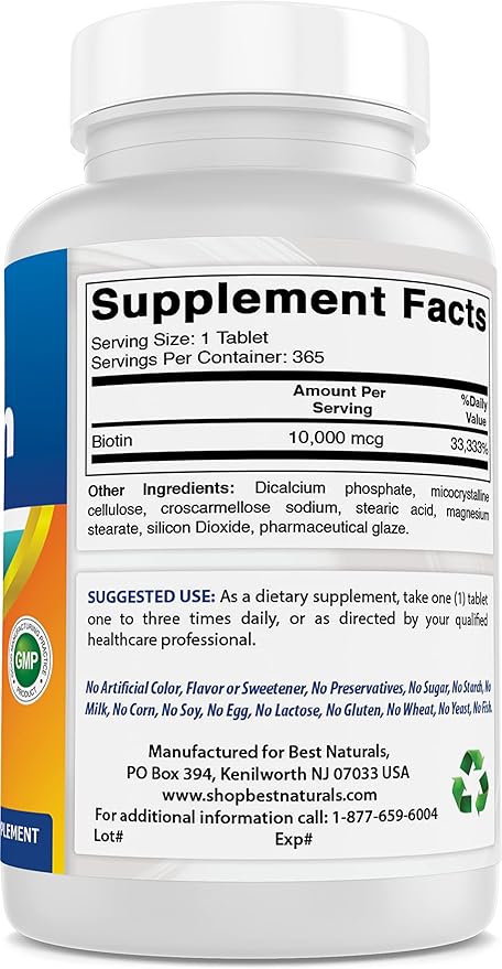 Best Naturals Biotin (Also Called Vitamin B7), 10,000 mcg 365 Tablets (365 Count (Pack of 2))