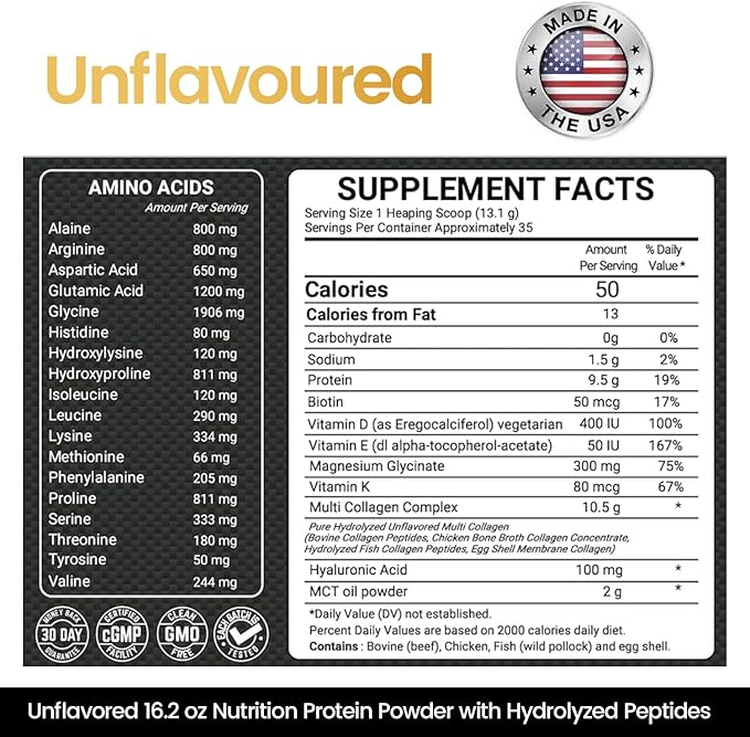 Multi Collagen Protein Powder 16.2 oz (4 Pack) | 5 Types with Bone Broth, Hydrolyzed Peptides, Biotin & MCT Oil, Unflavored, Supports Skin, Hair, Nails, Joints & Gut Health, Keto Friendly