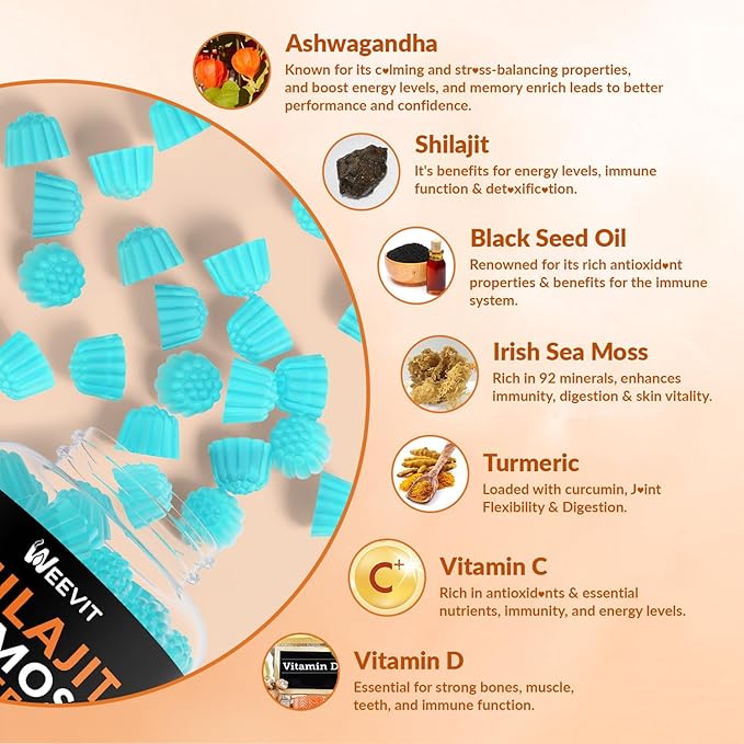 Shilajit Sea Moss Ashwagandha Gummies with Turmeric, Black Seed Oil, Vitamin C D for Men & Women, Shilajit and Ashwagandha Gummy, All in 1 Supplements for Immune, Absorption & Energy Support