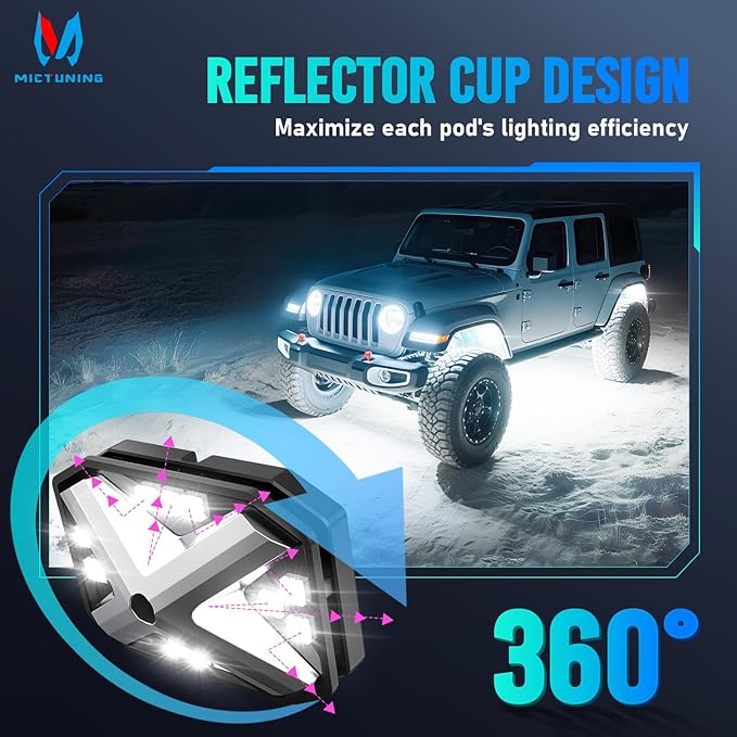 MICTUNING C4+ RGBW Rock Lights, 8 Pods 360° Ultra Bright Pure Color Underglow Neon Lights, Bluetooth APP Control & Music Mode, IP68 Waterproof, for Trucks Cars ATV UTV Golf Cart (2 Year Warranty)