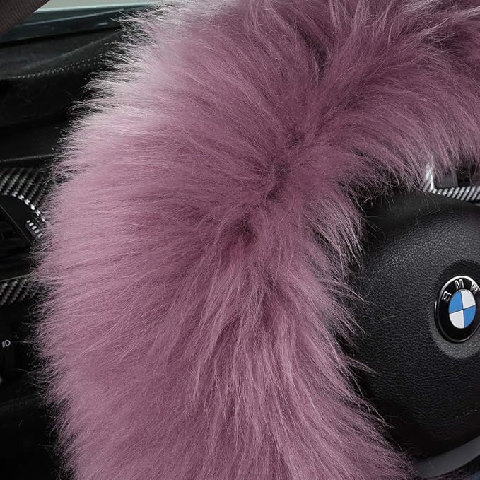 3Pcs Set Fashion Fluffy Fuzzy Wool Fur Soft Car Steering Wheel Cover with Handbrake Cover & Gear Shift Cover for Women/Girls/Ladies Auto Long Wool Accessories, White Black Tip
