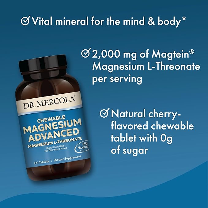 Dr. Mercola Magnesium Advanced, 30 Servings (60 Tablets), Dietary Supplement, Magnesium L-Threonate, Cherry Flavor, Non-GMO