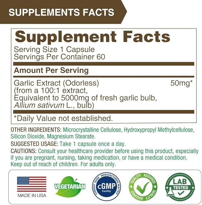 Lovita Odorless Garlic Extract | 50 mg, 100:1 High Concentrate | 1.25% Allicin | Gluten-Free | Support Immune & Cardiovascular Health | 60 Vegan Capsules (Pack of 3)