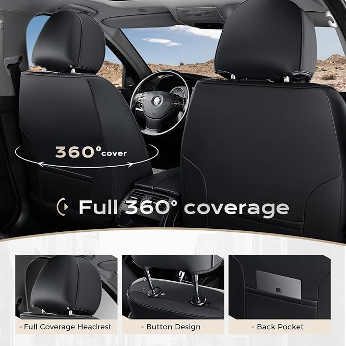 Coverado Car Seat Covers Full Set, Seat Covers for Cars, Car Seat Cover, Car Seat Protector, Leather Car Seat Cushion, Waterproof Car Seat Covers Front Seats and Back Fit for Most Cars(Black&Gray)