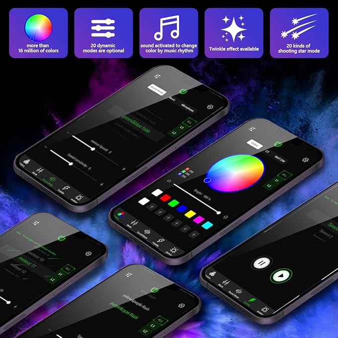 AMKI Dual Color 20W Twinkle Starlight Headliner Kit 1100pcs*0.03in 13.1ft Cables+ RGB Meteor Shooting Star Fiber Optic Light Sound Activated APP/Remote Control for Car Roof Home Ceiling