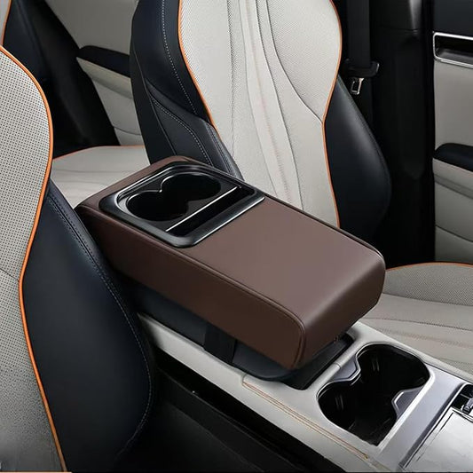 Center Console Booster Cover Car Armrest Box Pad Leather Arm Rest Cushion with Cup Holder Mobile Phone Storage Armrest Protection Pad for Car (Pure Coffee, 13.58 * 8.07 * 2.95 inch)