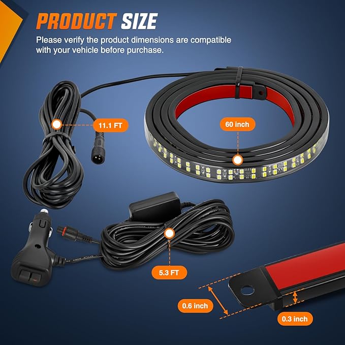 Nilight 60 Inch Truck Tailgate Strobe Light Strip Tail Emergency Bar Rear Window Warning Lamp Ultra-Bright Double Row 360 LED for Pickup Trailers Construction Vehicles Car SUV, Amber White